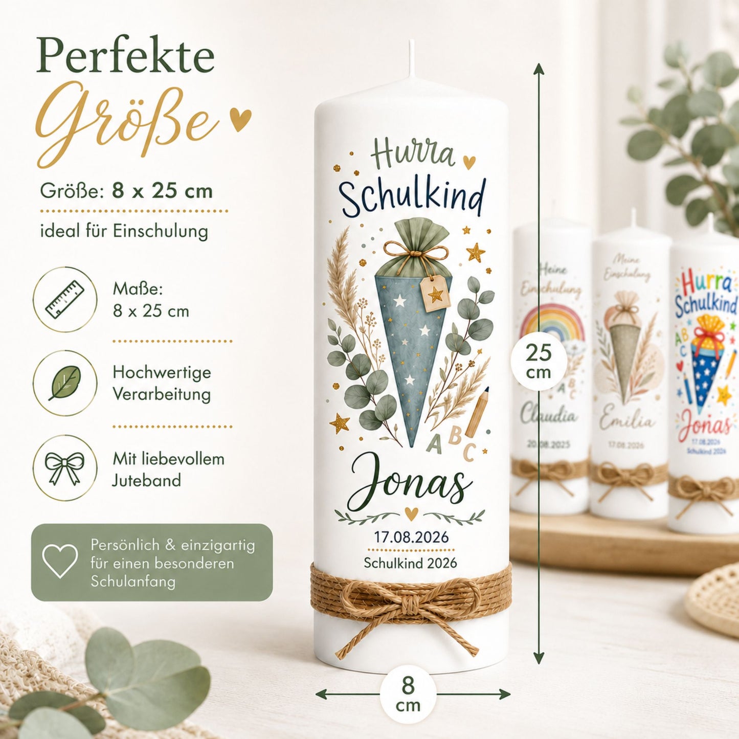 MilaBoo personalisierte Einschulungskerze 25 x 8 cm – Kerze zur Einschulung, handgemacht in Deutschland, Geschenk für Schulanfang, Schulkind Kerze in 5 Varianten (Schultüte Eukalyptus)