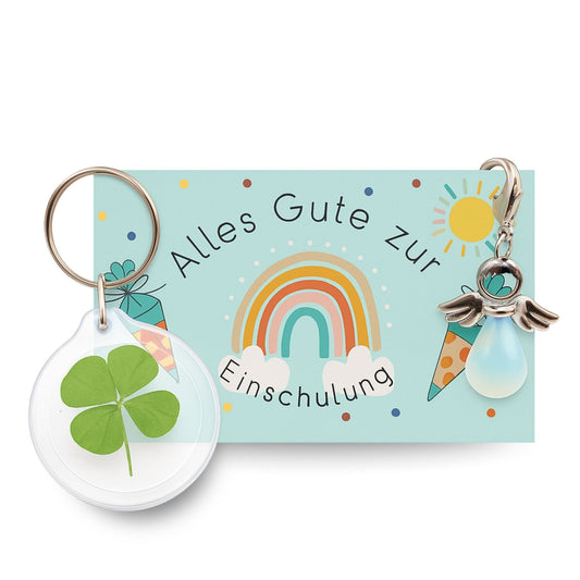 2er Set Schlüsselanhänger zur Einschulung – Schutzengel & Kleeblatt