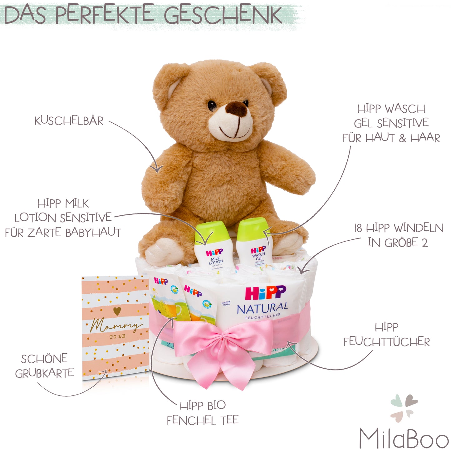 Windeltorte Rosa Teddybär – 20 cm