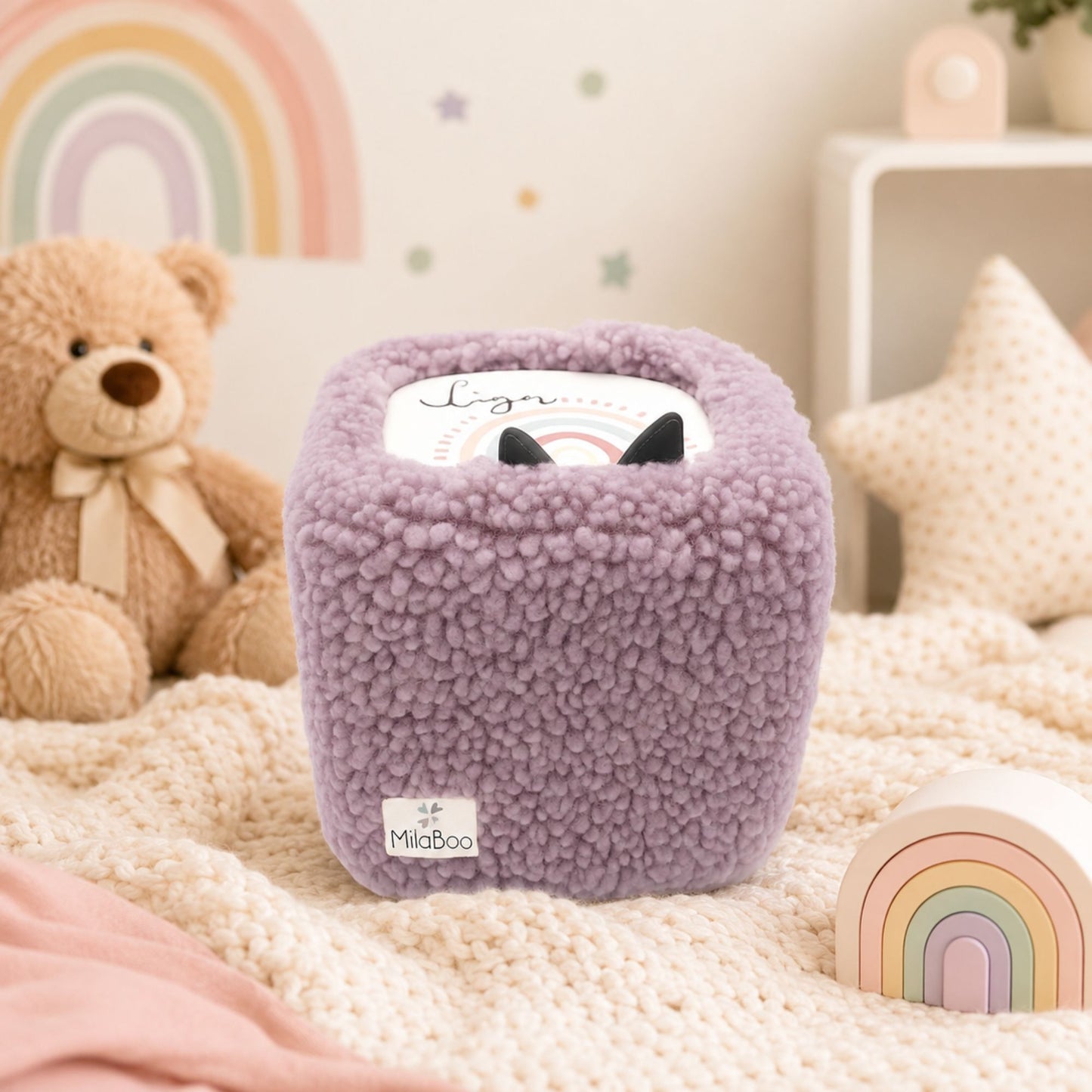 MilaBoo® Teddybezug für Toniebox 1 & 2 – weiche Schutzhülle aus Teddystoff mit Gummizug – Lila