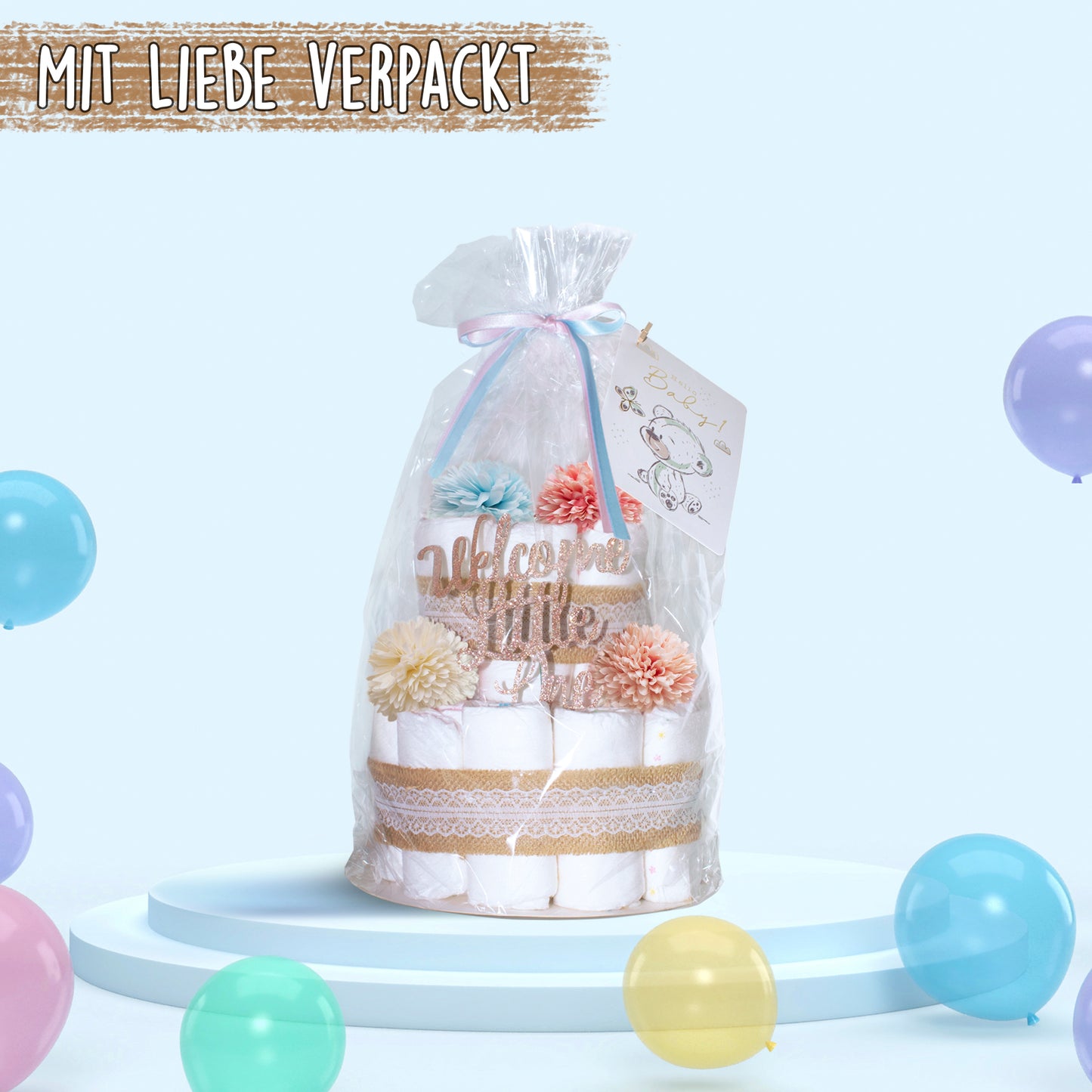 Windeltorte Vintage Boho Neutral – 2-stöckig