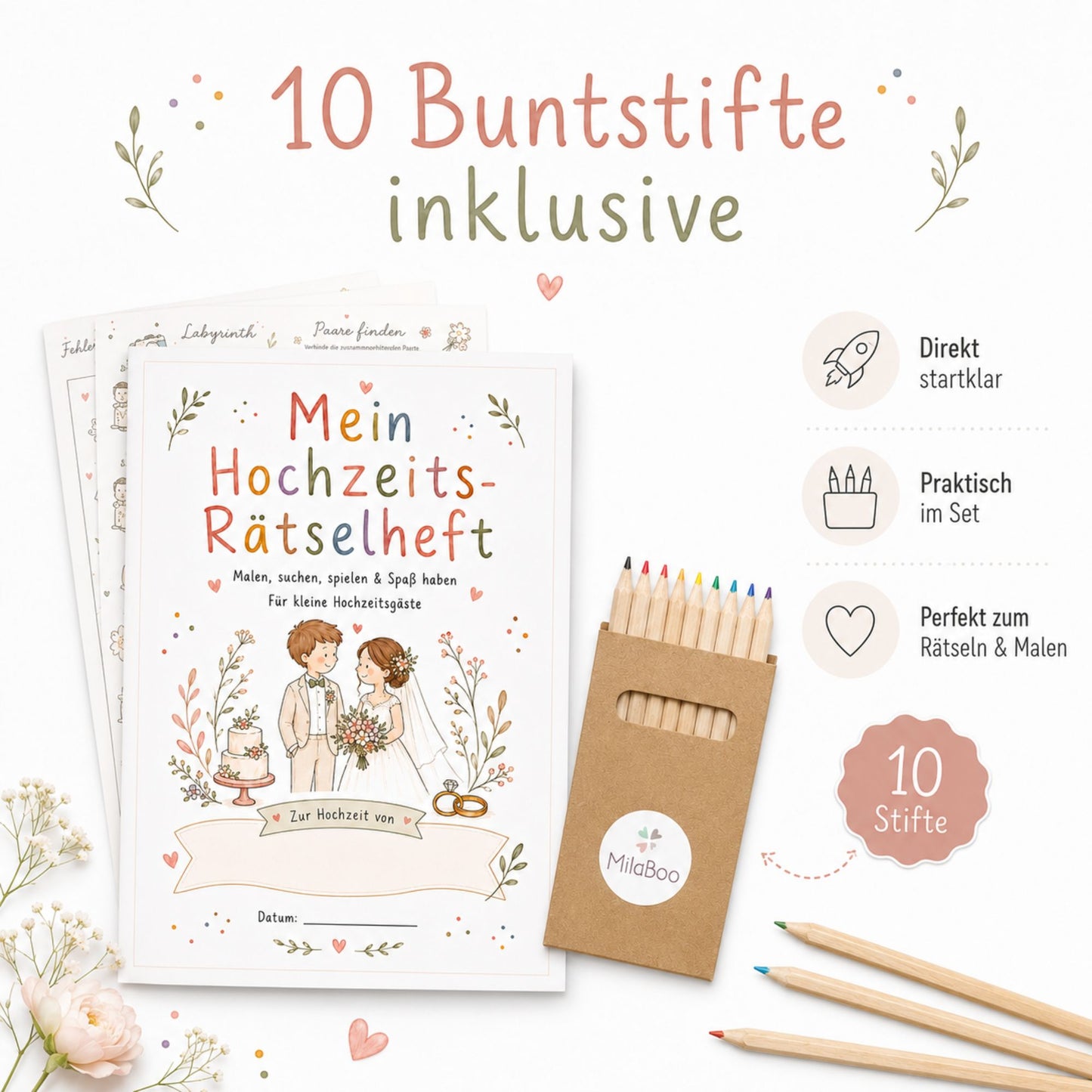 MilaBoo® Hochzeits-Rätselheft für Kinder – 10er-Set mit Buntstiften, 20 Seiten Mal- und Rätselspaß ab 3 Jahren