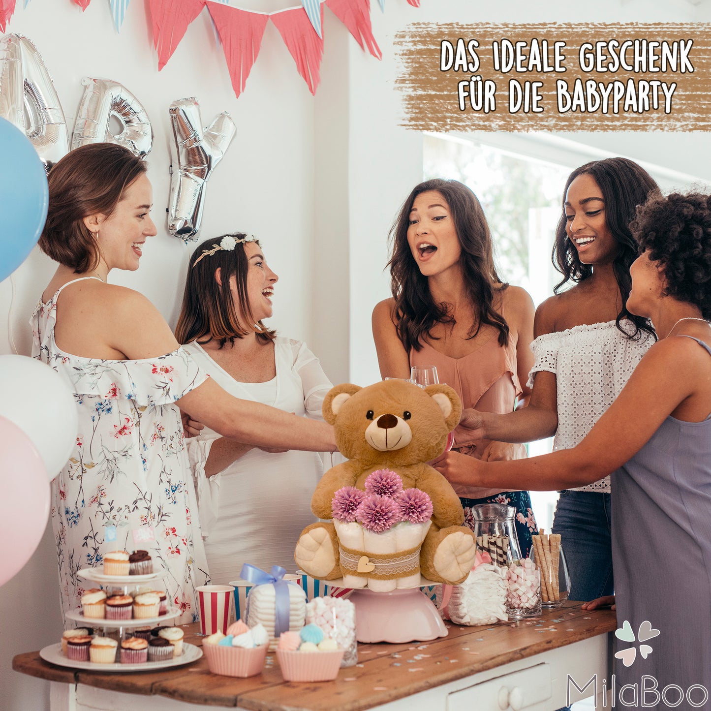 Windeltorte Vintage Blau mit großem Teddybär – 35 cm