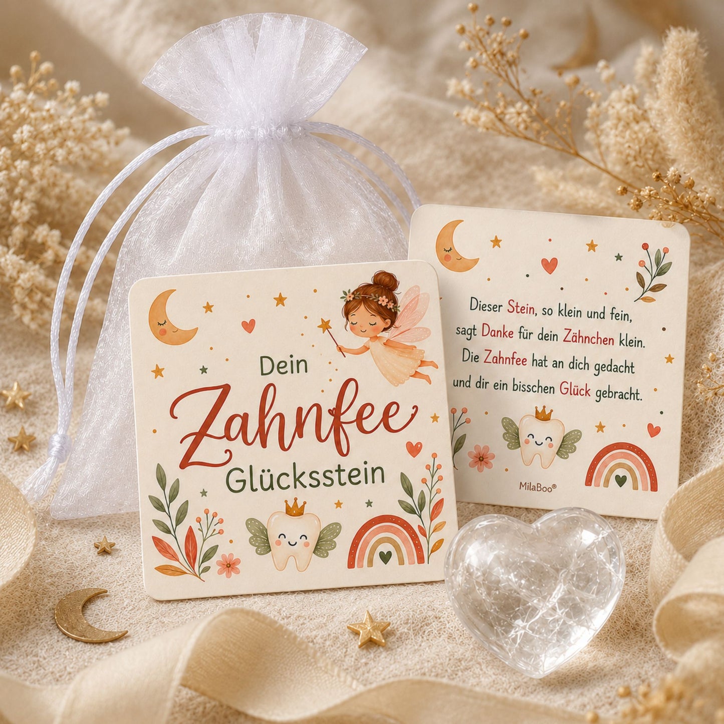 Zahnfee Glücksstein aus Bergkristall – liebevolles Geschenk mit Karte & Organzasäckchen