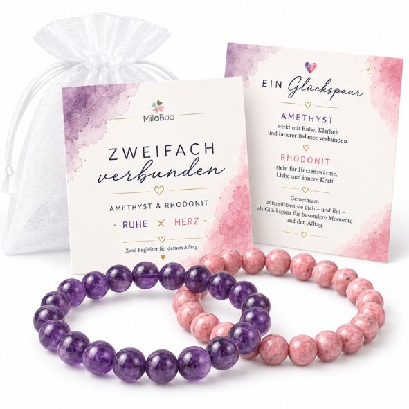 Damen Armband Set Amethyst & Rhodonit | 2er Edelstein Armband | Geschenk für Freundin Schwester Mama | Glücksarmband Naturstein