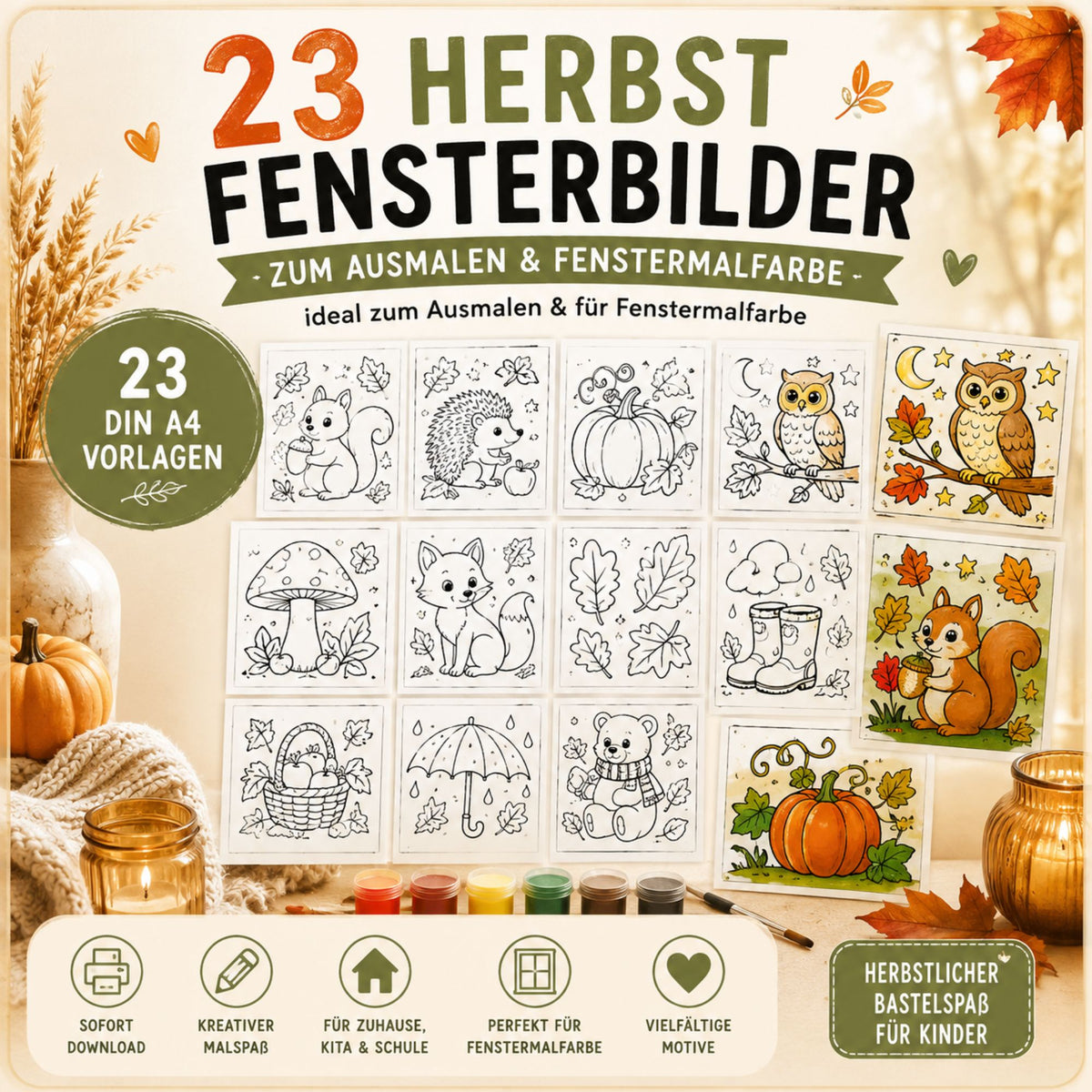 23 Herbst Fensterbilder Vorlagen für Kinder | Ausmalbilder Herbst | Fenstermalfarbe Vorlagen | PDF Download DIN A4 | Herbst Basteln