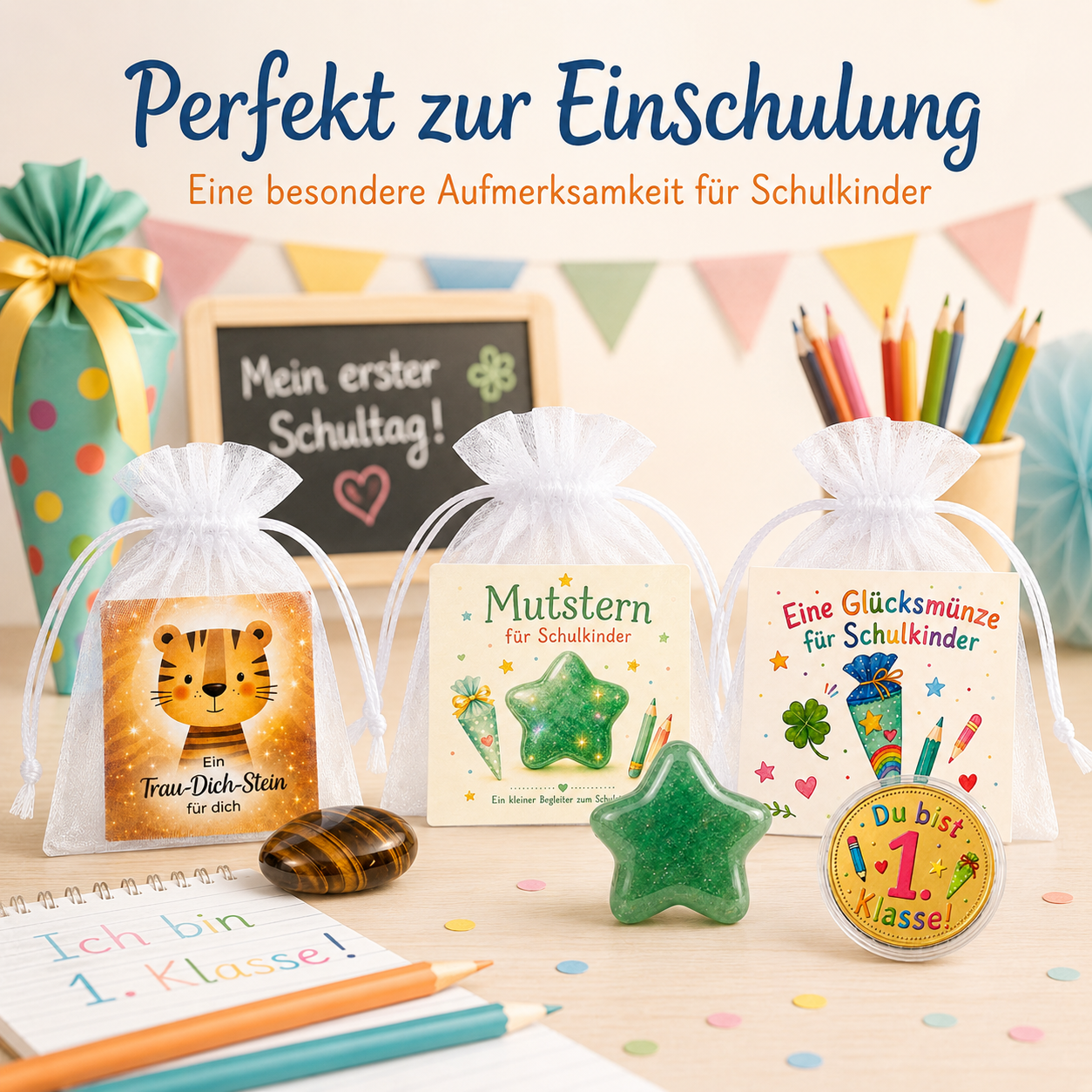 MilaBoo 3er Geschenk-Bundle zur Einschulung – Trau-Dich-Stein, Mutstern & Glücksmünze für Schulkinder
