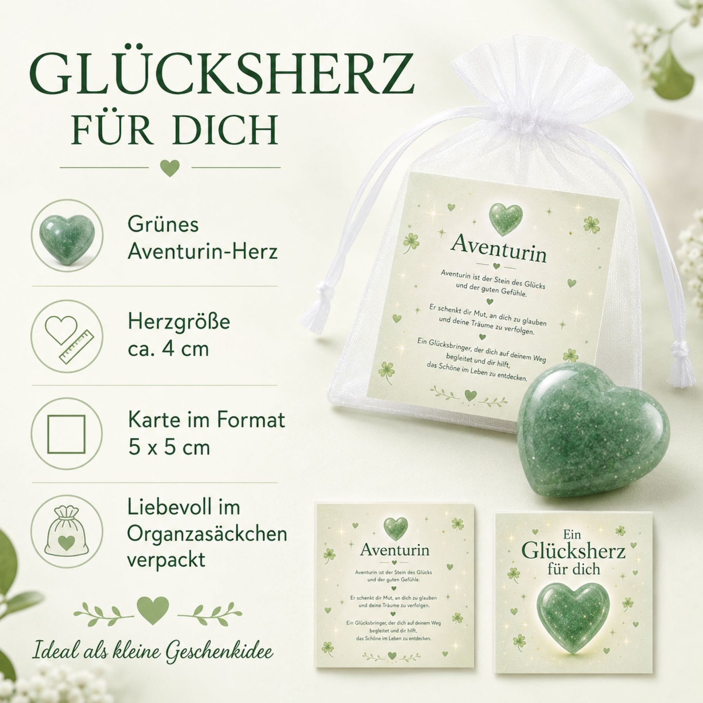 Herzstein Aventurin zur Einschulung – Glücksstein mit Karte im Organzasäckchen
