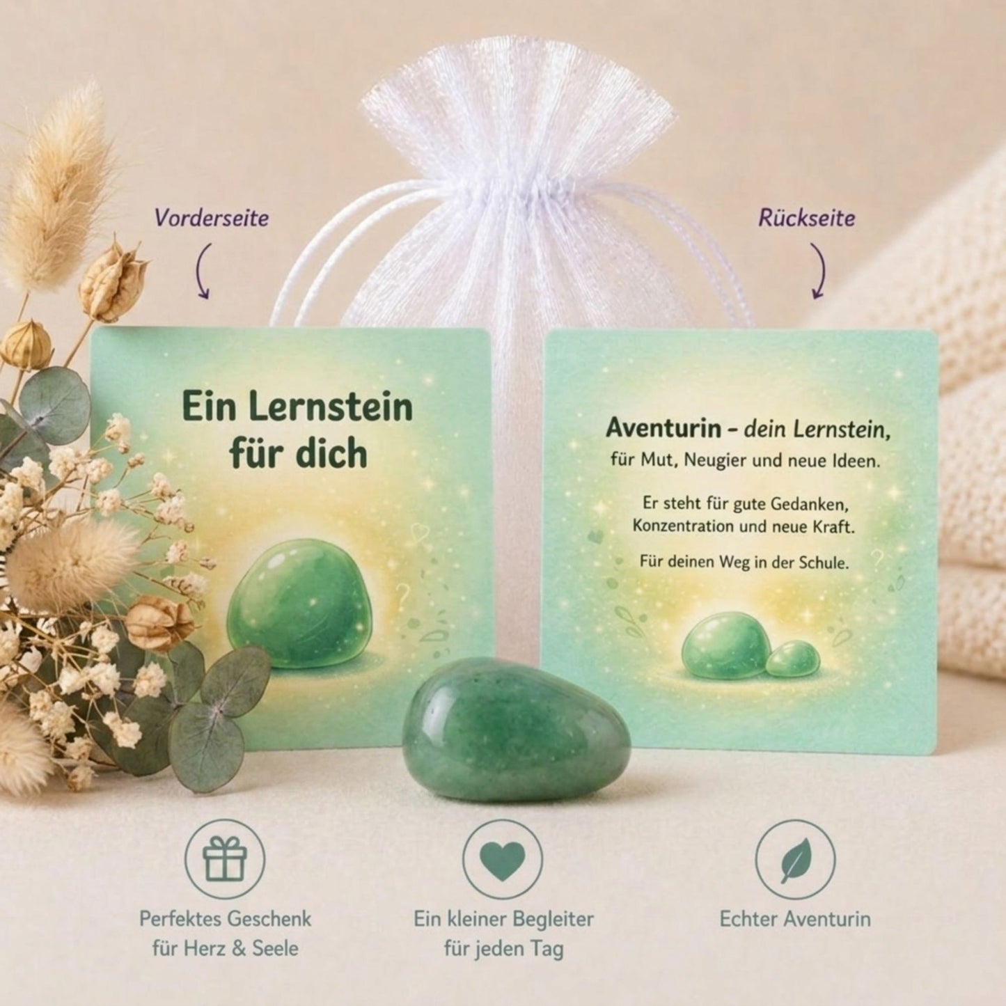 Lernstein Aventurin zur Einschulung – Glücksstein mit Karte im Organzasäckchen