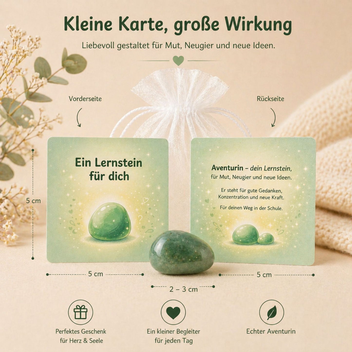 Lernstein Aventurin zur Einschulung – Glücksstein mit Karte im Organzasäckchen