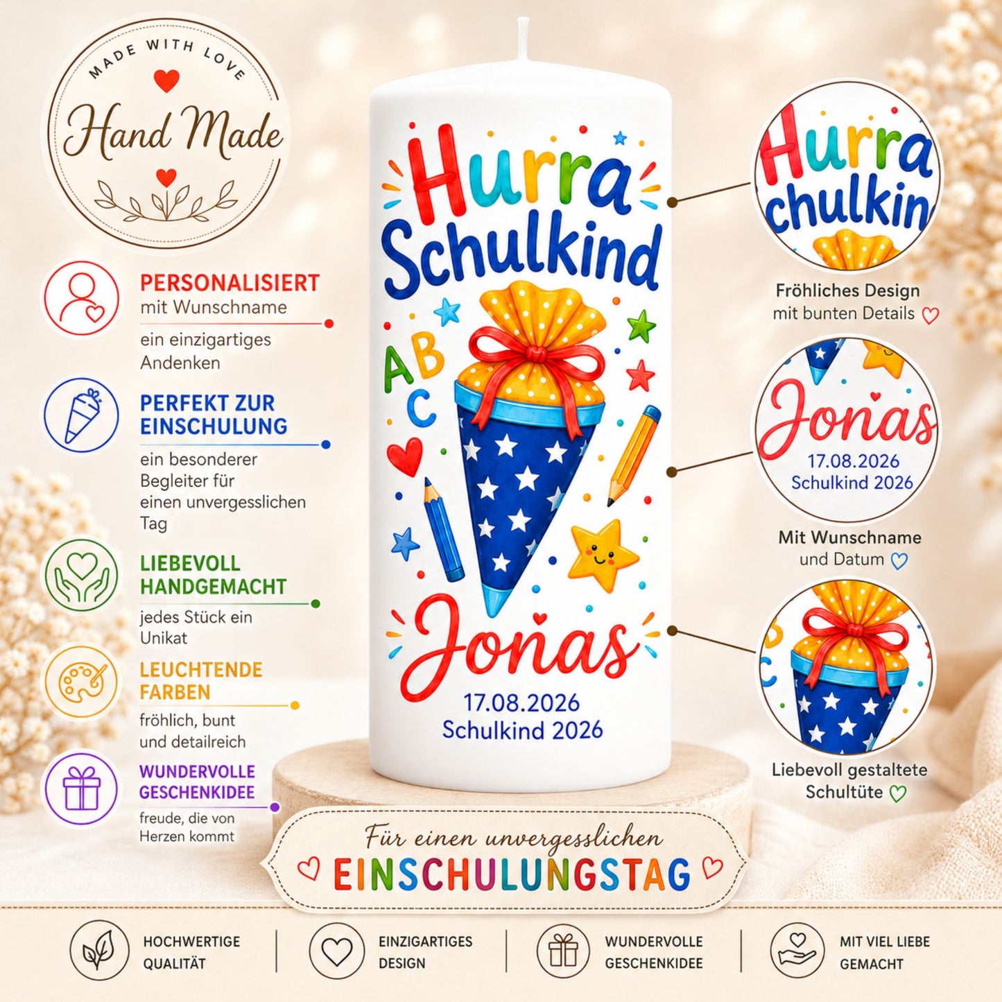 Personalisierte Einschulungskerze „Hurra Schulkind“ – 25 x 8 cm