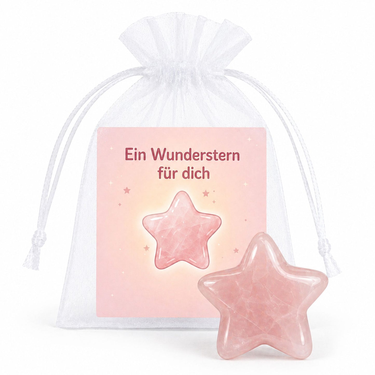 MilaBoo Wunderstern Rosenquarz zur Einschulung – Glücksstein mit Karte im Organzasäckchen, kleine Schultütenfüllung zum Schulstart