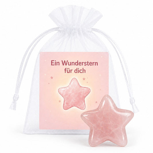MilaBoo Wunderstern Rosenquarz zur Einschulung – Glücksstein mit Karte im Organzasäckchen, kleine Schultütenfüllung zum Schulstart