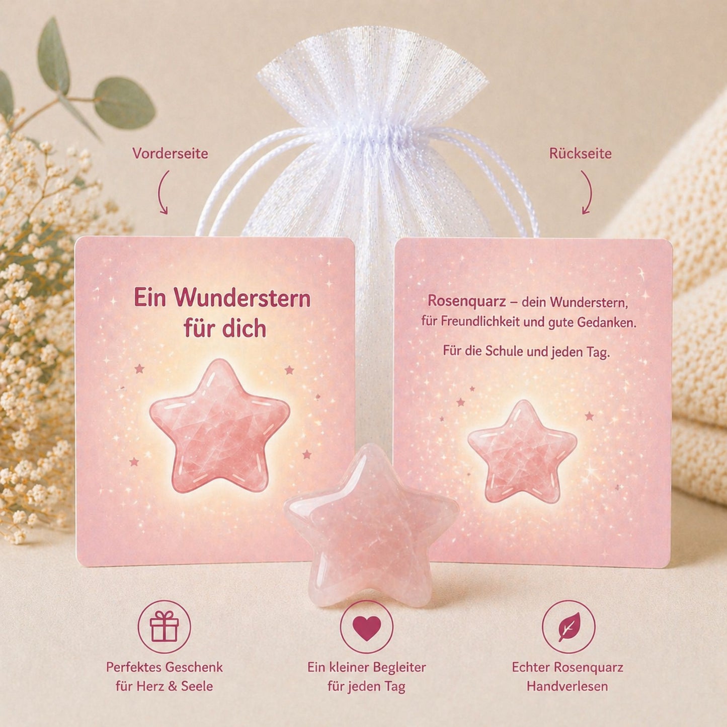 MilaBoo Wunderstern Rosenquarz zur Einschulung – Glücksstein mit Karte im Organzasäckchen, kleine Schultütenfüllung zum Schulstart