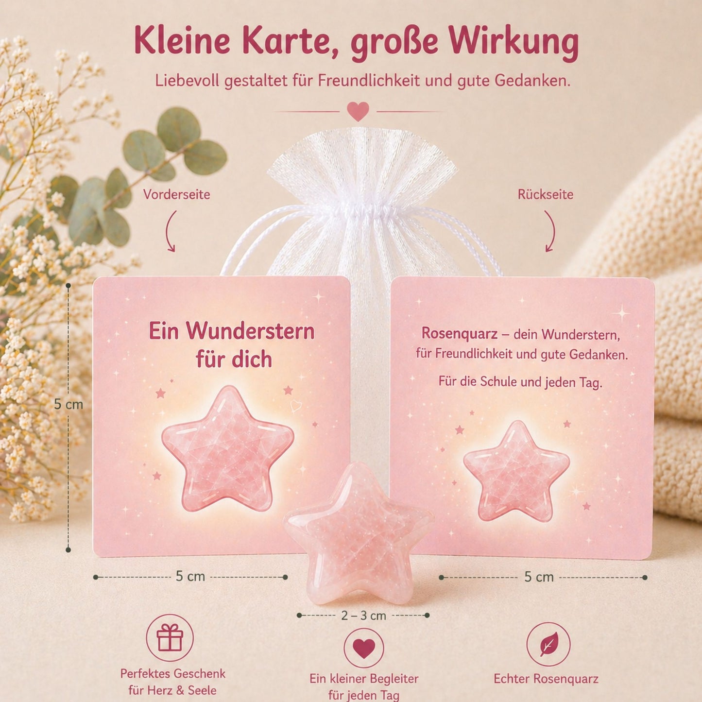 MilaBoo Wunderstern Rosenquarz zur Einschulung – Glücksstein mit Karte im Organzasäckchen, kleine Schultütenfüllung zum Schulstart