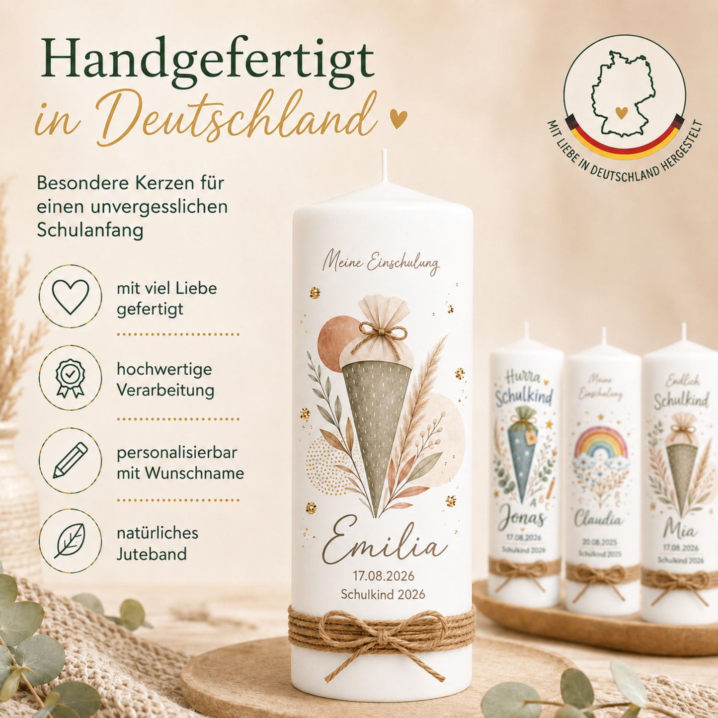 Personalisierte Einschulungskerze „Schultüte rose“ – 25 x 8 cm