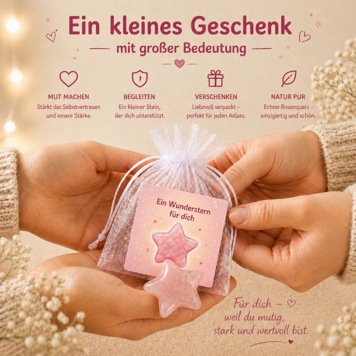 MilaBoo Wunderstern Rosenquarz zur Einschulung – Glücksstein mit Karte im Organzasäckchen, kleine Schultütenfüllung zum Schulstart