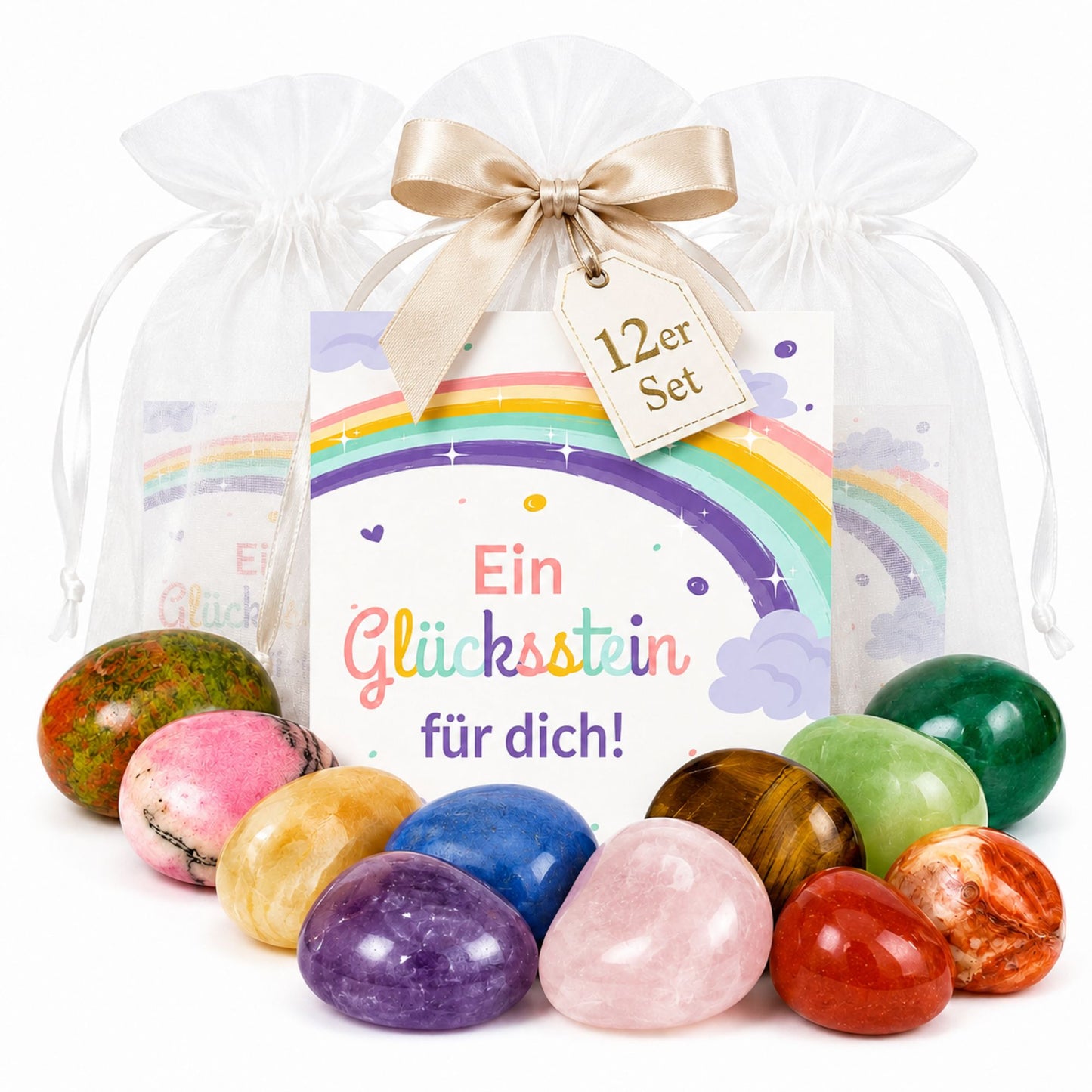 MilaBoo Glückssteine im 12er-Set mit Karte – Kleine Edelsteine als Geschenk, Mitbringsel und liebevoller Mutmacher