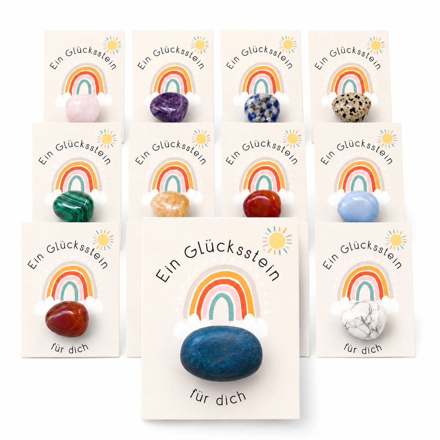 12er Set Glückssteine mit Karte – Natursteine einzeln verpackt als Glücksbringer, Mitgebsel & kleine Geschenkidee
