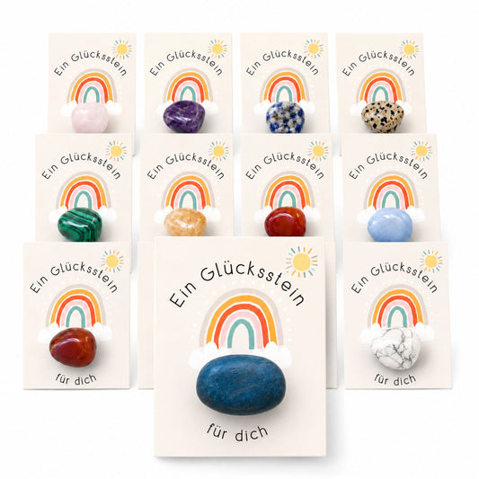 12er Set Glückssteine mit Karte – Natursteine einzeln verpackt als Glücksbringer, Mitgebsel & kleine Geschenkidee
