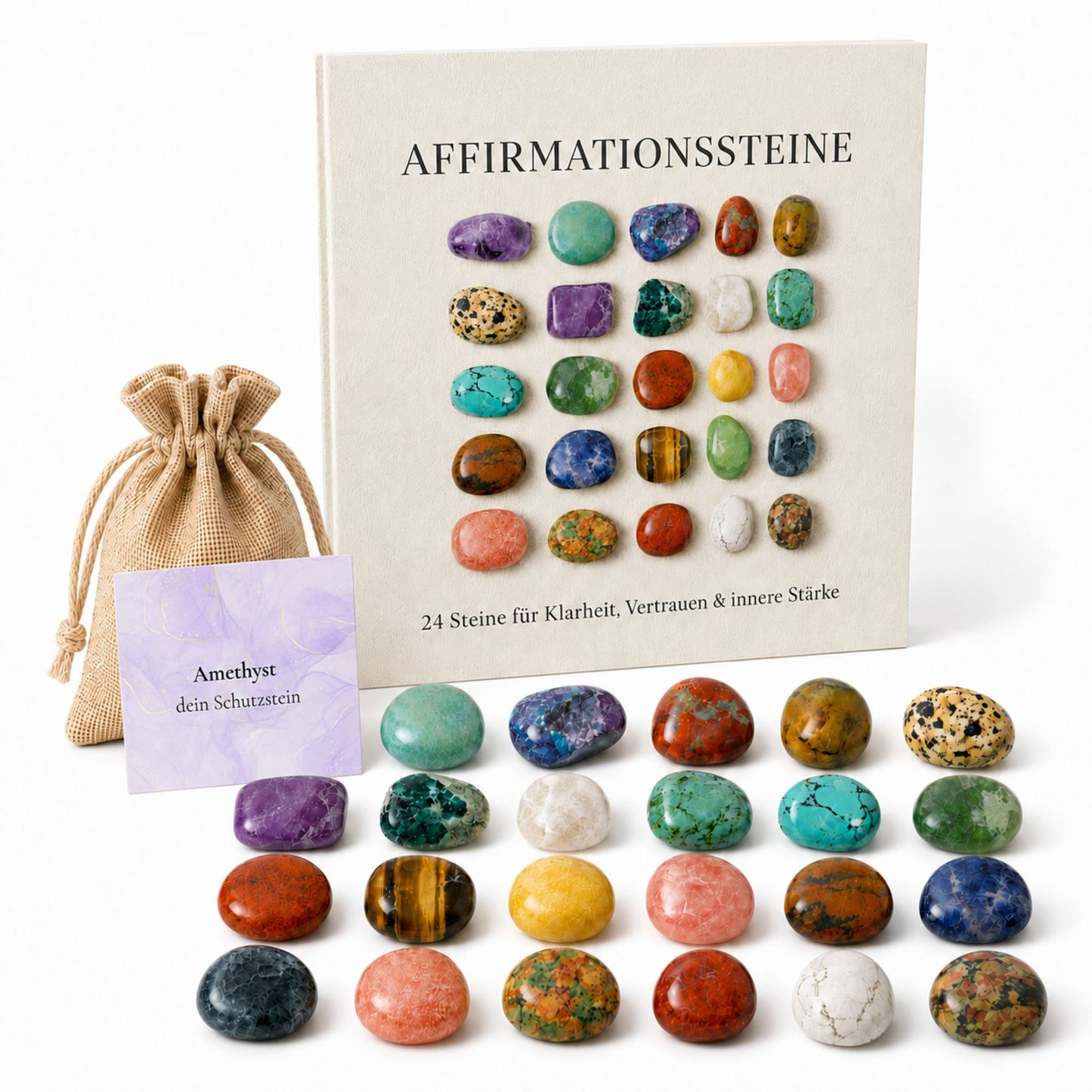 Affirmationssteine Set – 24 Edelsteine mit Broschüre, Jutebeuteln & Bedeutungskarte für Klarheit, Vertrauen und innere Stärke