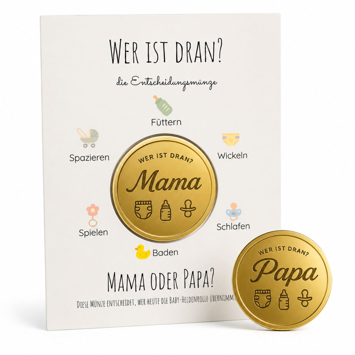 MilaBoo® „Mama oder Papa“-Entscheidungsmünze – goldene Münze 4,5 cm mit Karte für Baby Shower, Geburt und Familienalltag