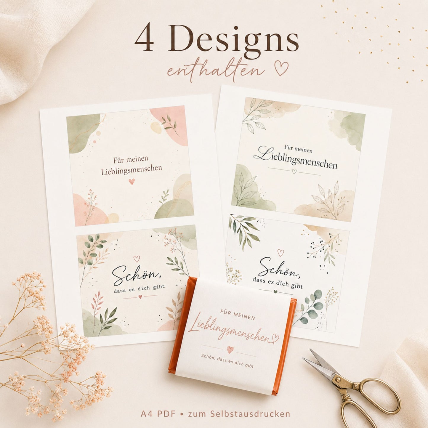 Schokoladen-Banderole zum Ausdrucken – Lieblingsmensch & Schön, dass es dich gibt | 4 Designs