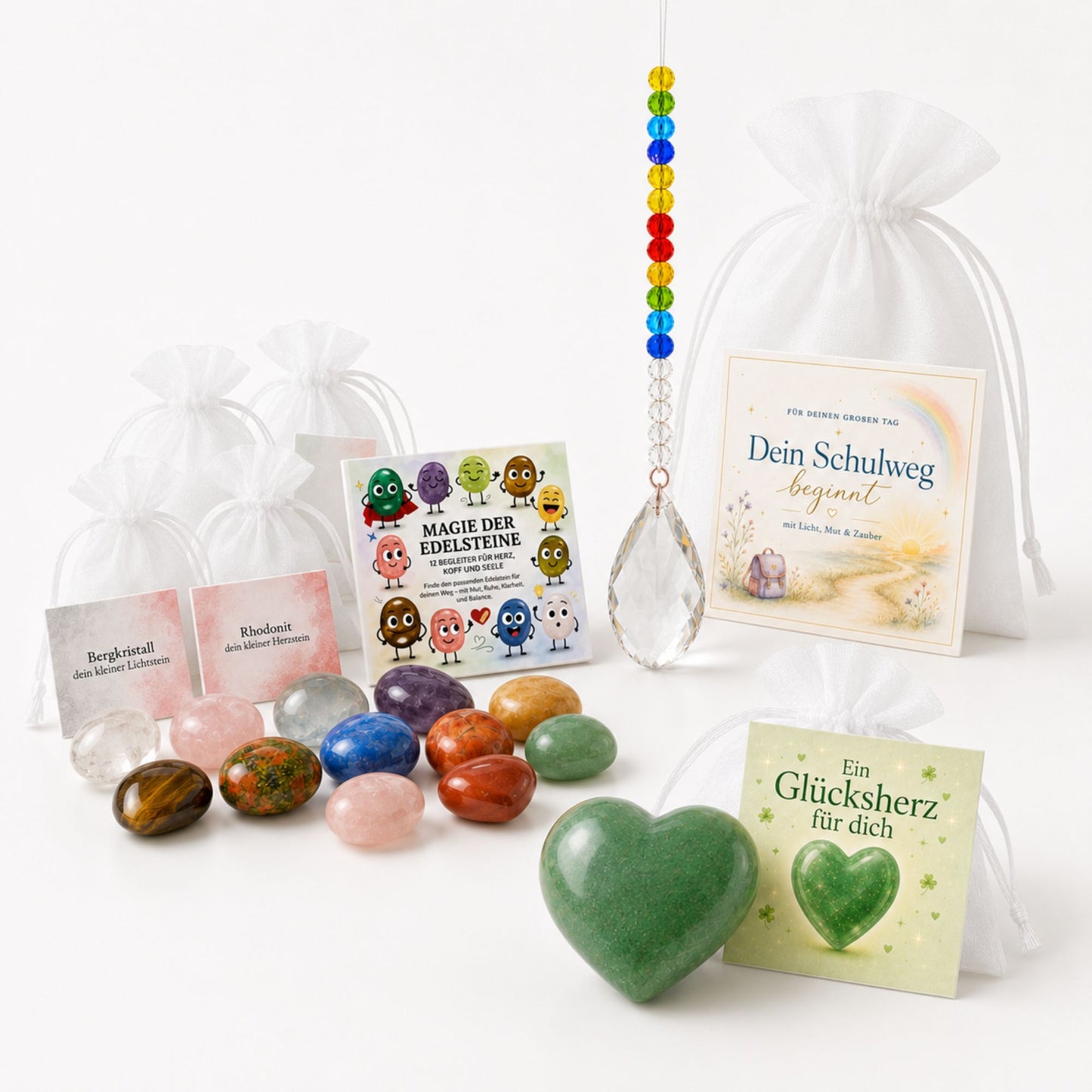 Geschenkset zur Einschulung – 3 Glücksbringer für die Schultüte mit Edelsteinen, Sonnenfänger & Aventurin-Herz