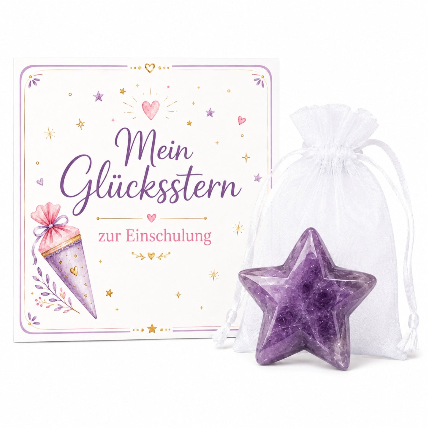 Amethyst Stern zur Einschulung – Glücksstern Geschenk mit Karte & Organzasäckchen für Schultüte und Schulstart