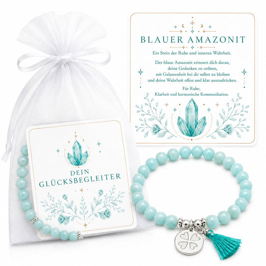 MilaBoo® Amazonit Armband Damen – Edelstein Armband mit Kleeblatt-Anhänger, Quaste & Geschenk-Karte