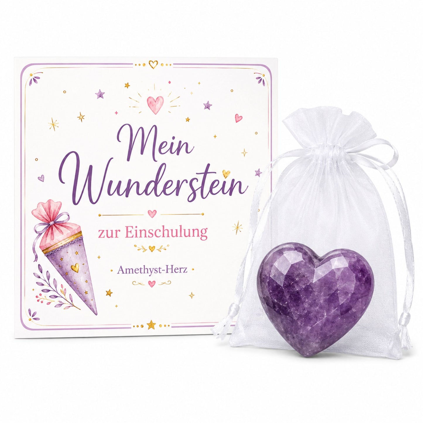 Wunderstein zur Einschulung – Amethyst Herz mit Karte & Organzasäckchen als liebevoller Glücksbegleiter zum Schulstart