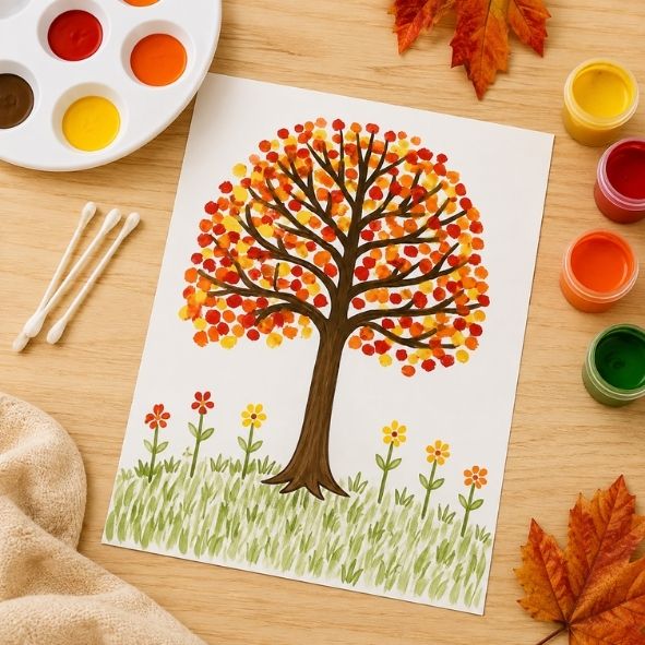 Fertig gestalteter Herbstbaum mit bunten Fingerabdrücken neben Fingerfarben