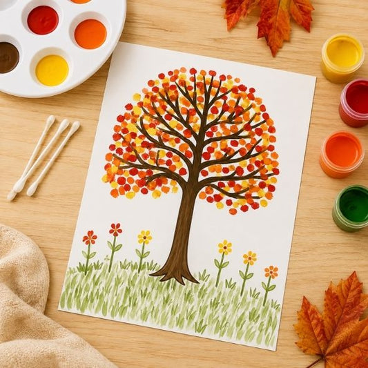 Fertig gestalteter Herbstbaum mit bunten Fingerabdrücken neben Fingerfarben