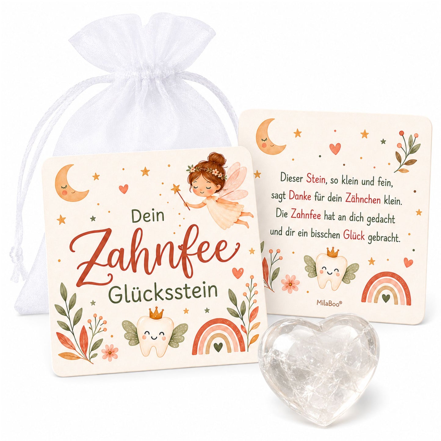Zahnfee Glücksstein aus Bergkristall – liebevolles Geschenk mit Karte & Organzasäckchen