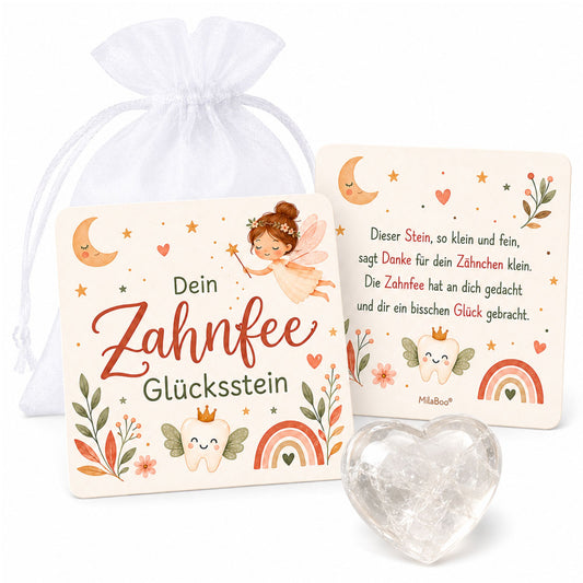 Zahnfee Glücksstein aus Bergkristall – liebevolles Geschenk mit Karte & Organzasäckchen