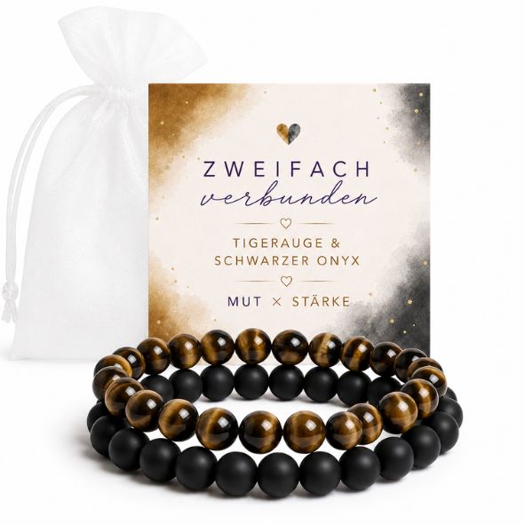 2er Set Armband Damen Tigerauge & Schwarzer Onyx „Mut × Stärke“ – Edelstein Perlenarmband 8 mm mit Geschenkkarte