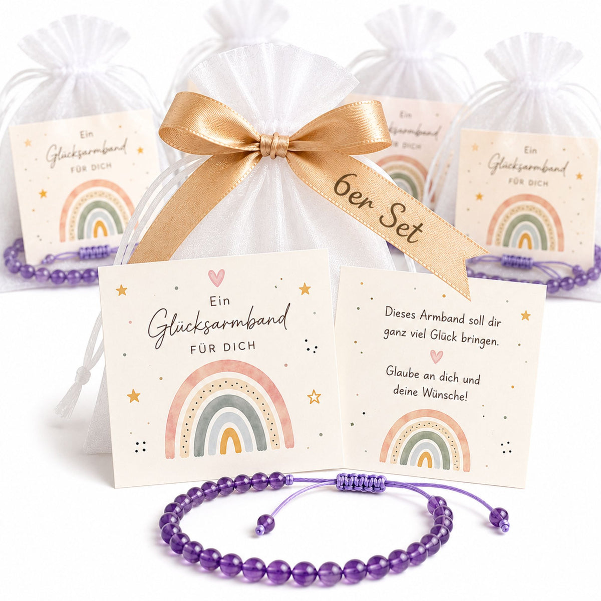 Glücksarmband 6er Set für Kinder – Naturstein-Armbänder mit Regenbogen-Karte im Organzasäckchen als Mitgebsel