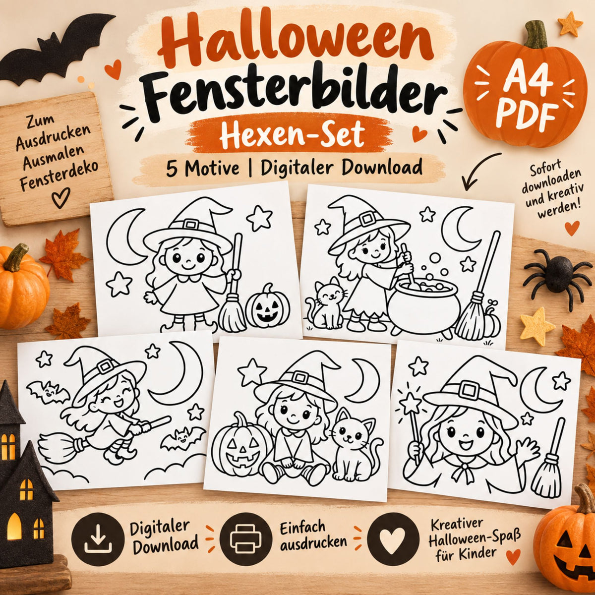 28 Halloween Fensterbilder für Kinder | Ausmalbilder PDF zum Ausdrucken | Geist Hexe Kürbis | Halloween Fensterdeko Download