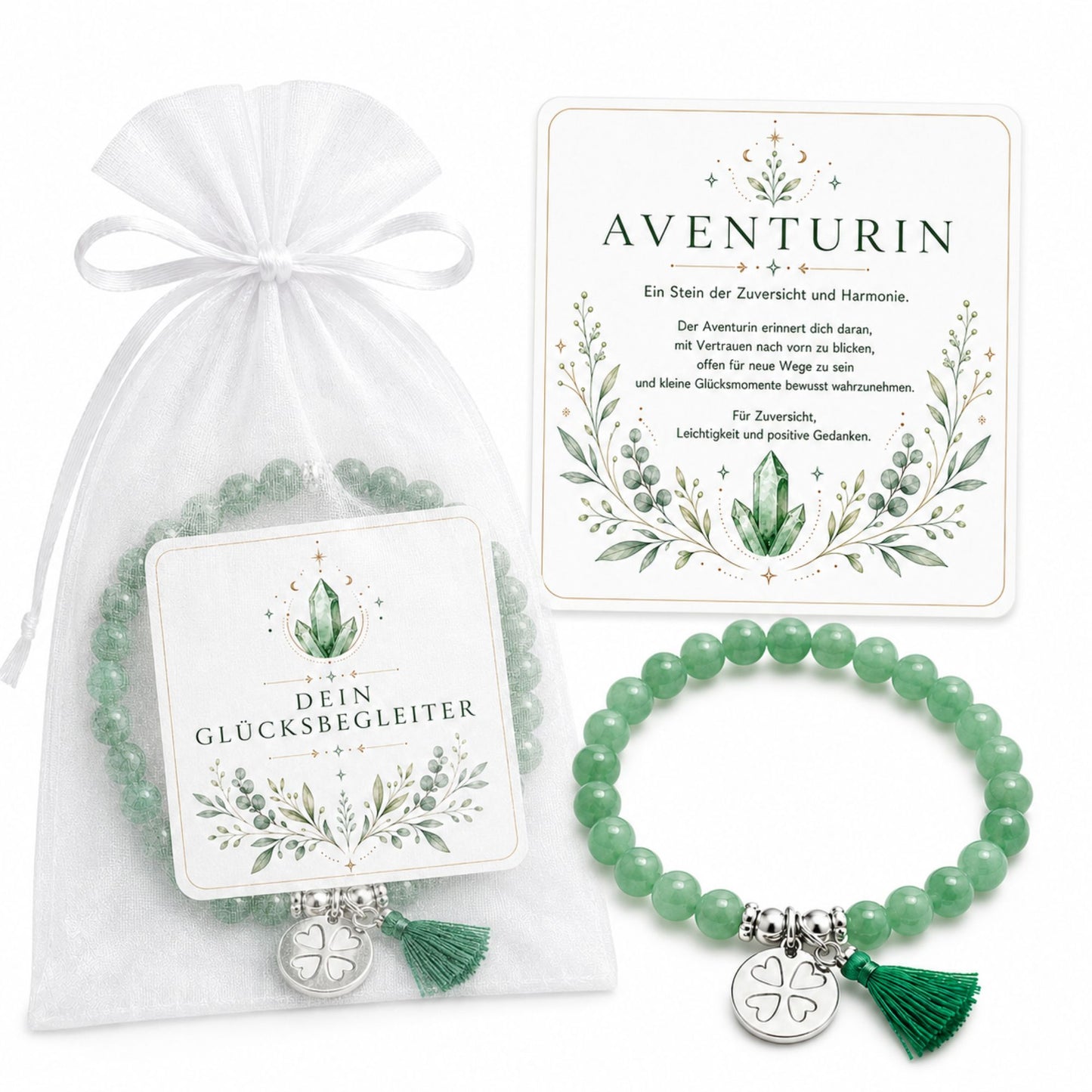 MilaBoo® Aventurin Armband Damen – Edelstein Armband mit Kleeblatt-Anhänger, Quaste & Geschenk-Karte