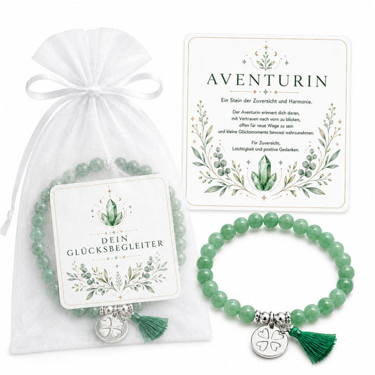 MilaBoo® Aventurin Armband Damen – Edelstein Armband mit Kleeblatt-Anhänger, Quaste & Geschenk-Karte