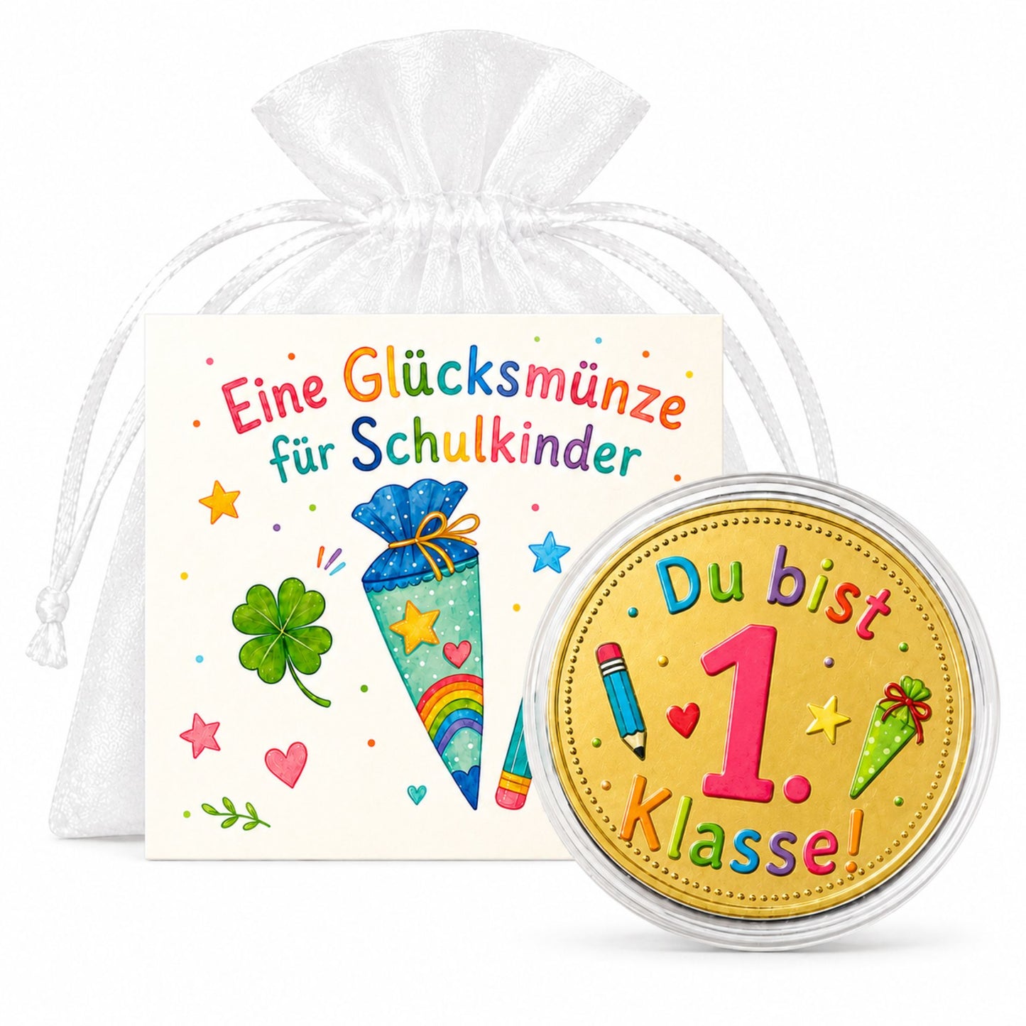 Glücksmünze zur Einschulung – kleines Geschenk mit Karte im Organzasäckchen