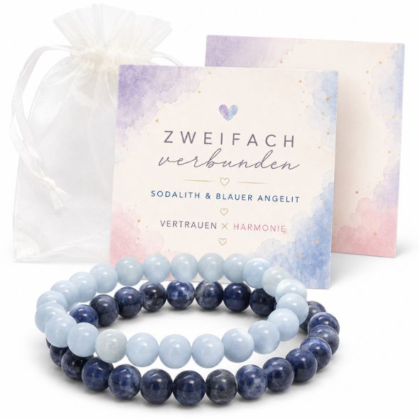 2er Set Armband Damen Sodalith & Blauer Angelit „Vertrauen × Harmonie“ – Edelstein Perlenarmband 8 mm mit Geschenkkarte