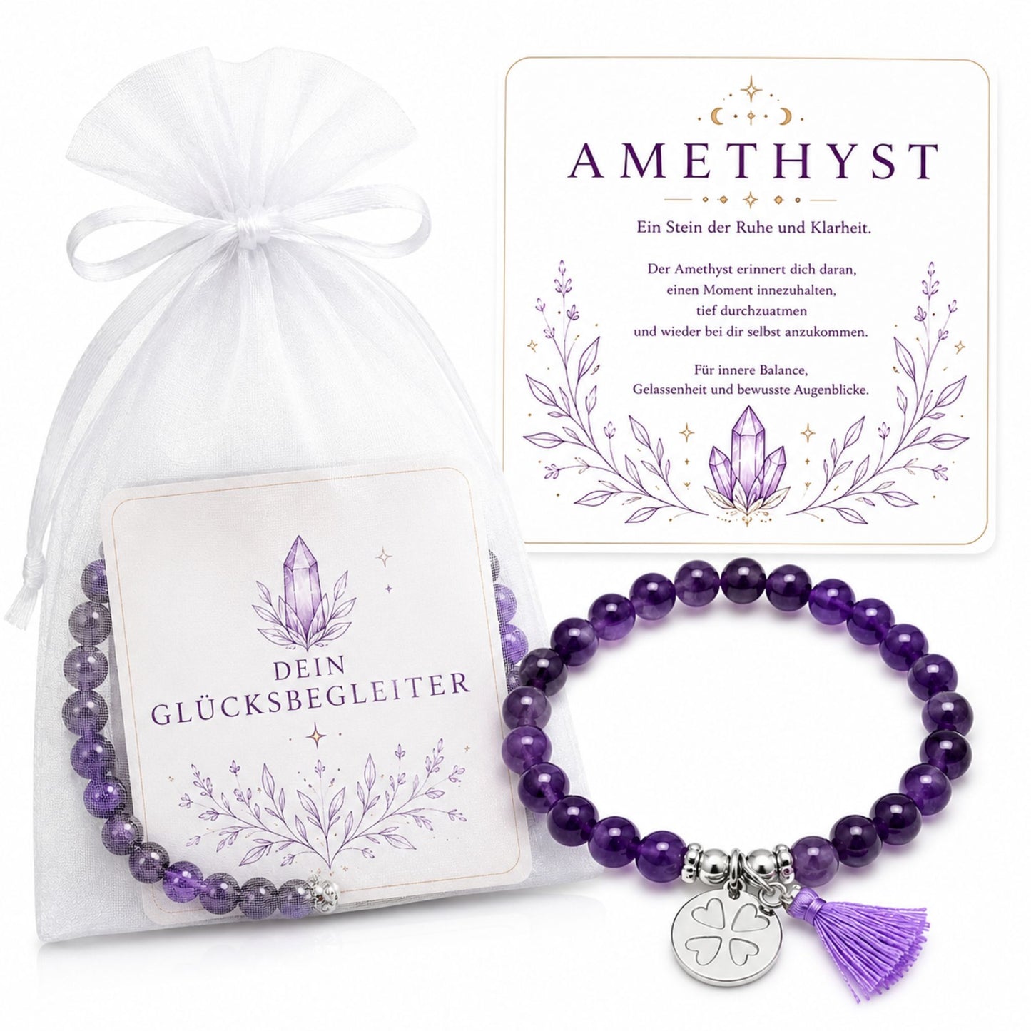 MilaBoo® Amethyst Armband Damen – Naturstein Armband mit Kleeblatt-Anhänger & Quaste als liebevolles Geschenk