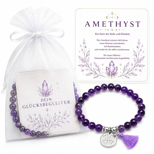 MilaBoo® Amethyst Armband Damen – Naturstein Armband mit Kleeblatt-Anhänger & Quaste als liebevolles Geschenk