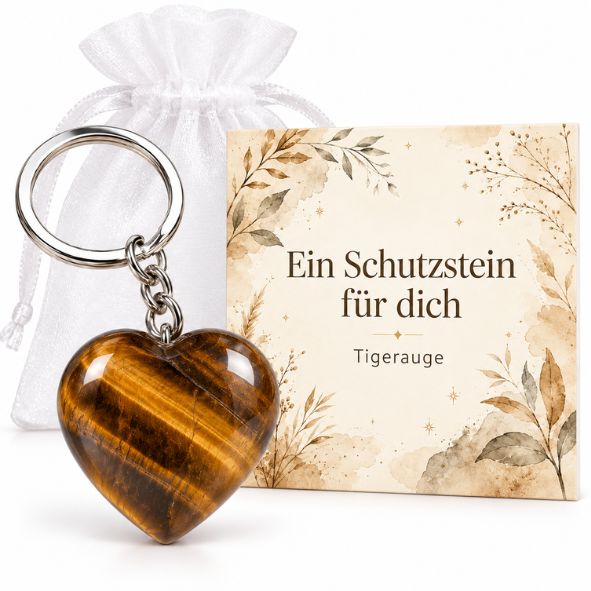 Tigerauge Herz Schlüsselanhänger „Ein Schutzstein für dich“ – Glücksbringer mit Karte im Organzasäckchen