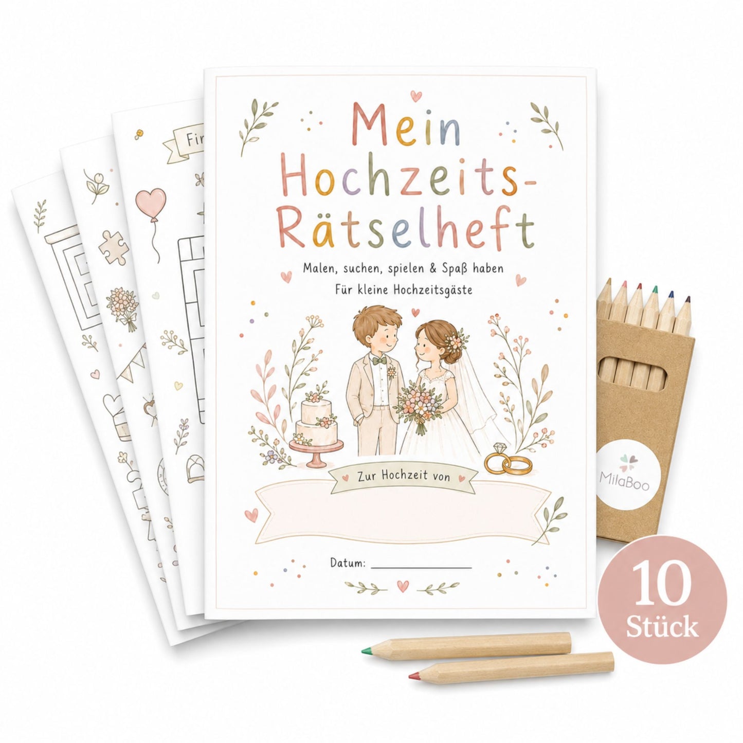 MilaBoo® Hochzeits-Rätselheft für Kinder – 10er-Set mit Buntstiften, 20 Seiten Mal- und Rätselspaß ab 3 Jahren
