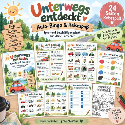 Reisespiele für Kinder zum Ausdrucken | Reise Bingo, Suchspiel & Autofahrt-Beschäftigung | PDF Druckvorlage DIN A4 | Digitaler Download