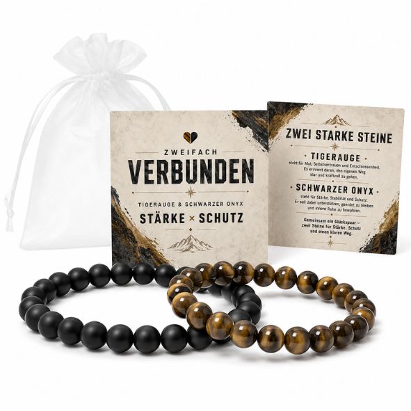 Herren Armband Set Tigerauge & Onyx | 2er Partnerarmband Männer | Geschenk für Freund Papa Bruder | Edelstein Armband Stärke Schutz