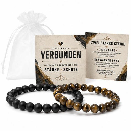 Herren Armband Set Tigerauge & Onyx | 2er Partnerarmband Männer | Geschenk für Freund Papa Bruder | Edelstein Armband Stärke Schutz