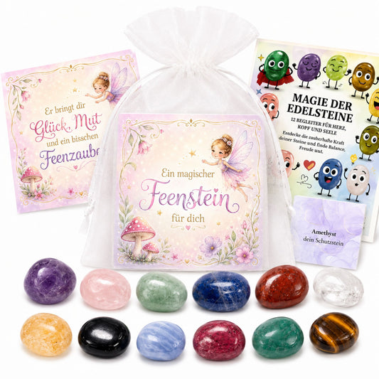 Feensteine 12er Set – magische Edelsteine mit Feenkarten & Broschüre „Magie der Edelsteine“ als Mitgebsel